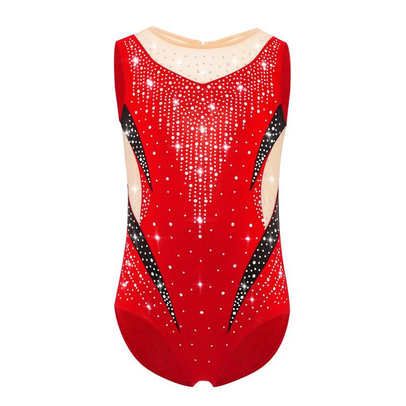 Mädchen Gymnastik Trikot Metallic Ärmellos Schlüssellochrücken Transparentes Netz Funkelnde Strasssteine Body 7-8 Years rot von Joom DACH