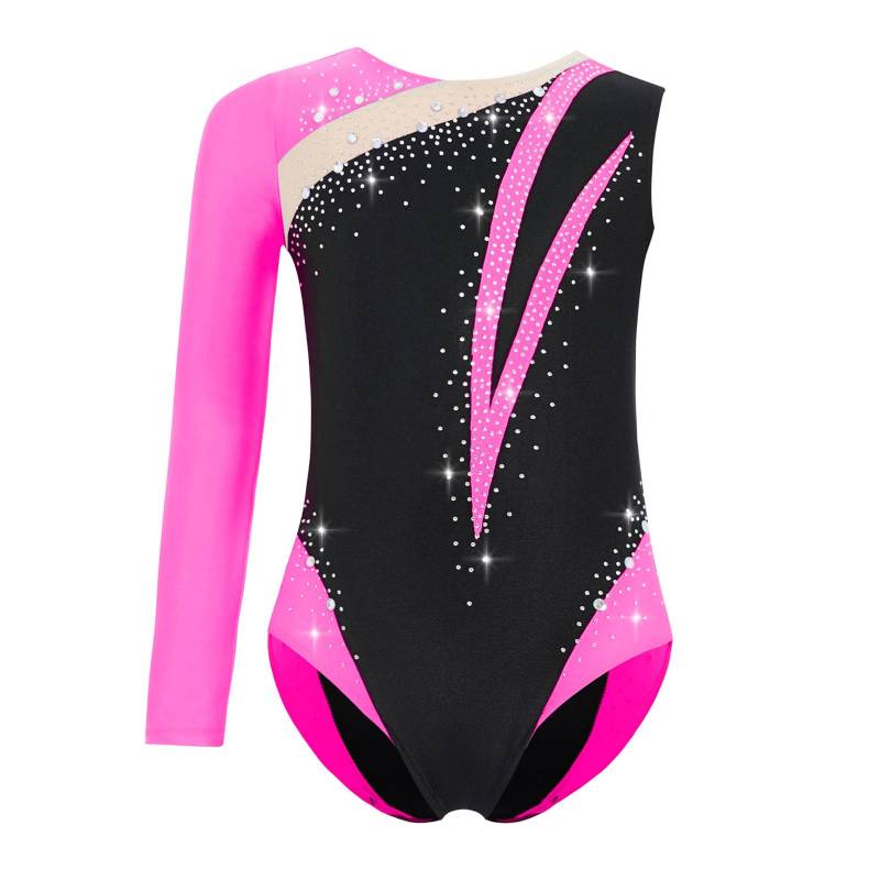 Mädchen Gymnastiktrikot mit glänzenden Strasssteinen Colorblock Asymmetrischer Rock 5-6 Years heißes rosa von Joom DACH