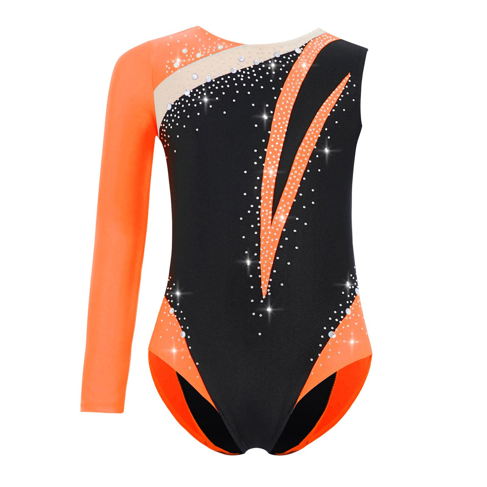 Mädchen Gymnastiktrikot mit glänzenden Strasssteinen Colorblock Asymmetrischer Rock 5-6 Years orange von Joom DACH