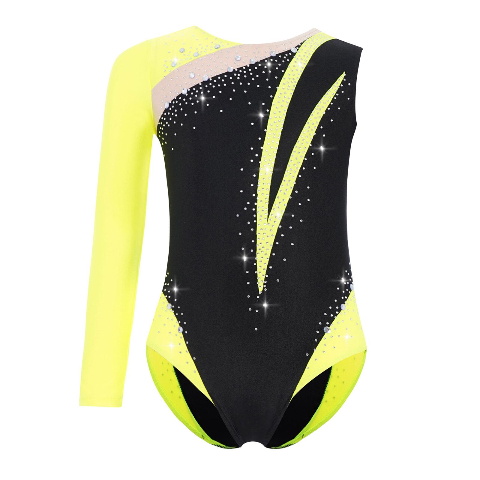 Mädchen Gymnastiktrikot mit glänzenden Strasssteinen Colorblock Asymmetrischer Rock 9-10 Years fluoreszierende gelbe von Joom DACH