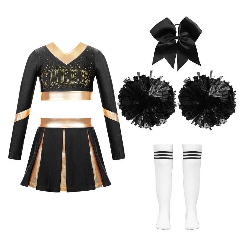 Mädchen Halloween Kostüm Kinder Cheerleading Uniform mit Pompoms Crop Top Faltenrock Karneval Fasching Party 13-14 Years weiß/schwarz von Joom DACH