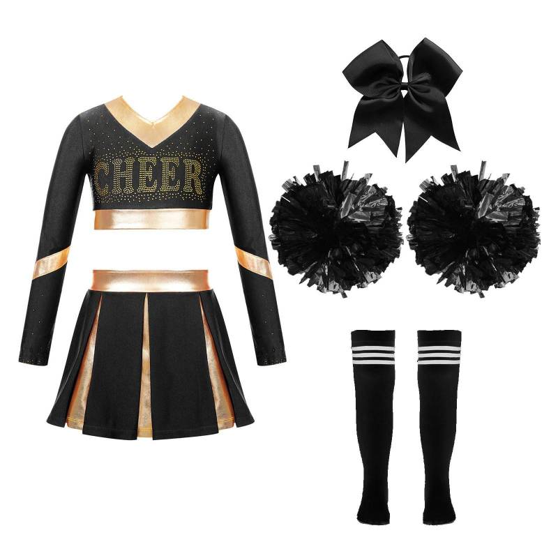 Mädchen Halloween Kostüm Kinder Cheerleading Uniform mit Pompoms Crop Top Faltenrock Karneval Fasching Party 15-16 Years schwarz von Joom DACH