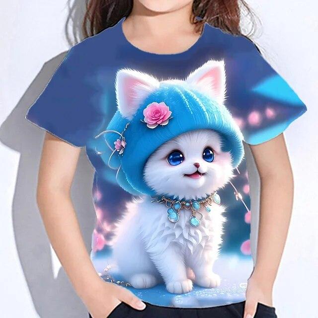 Mädchen Herbst Kleidung Nette Pelzige Katze Print T Shirt Für Kinder Kurzarm Von 8 Bis 10 Jahre Teenager Koreanische t-Shirts Kinder 110 von Joom DACH