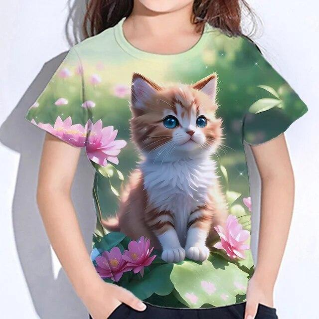Mädchen Herbst Kleidung Nette Pelzige Katze Print T Shirt Für Kinder Kurzarm Von 8 Bis 10 Jahre Teenager Koreanische t-Shirts Kinder 140 von Joom DACH