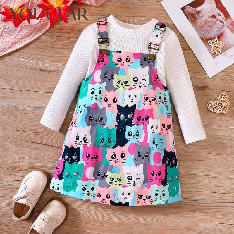 Mädchen Herbst Neue Einfarbig Pit Stripe Langarm Top + Nette Kontrast Cartoon Print Träger Kleid Set 110 von Joom DACH