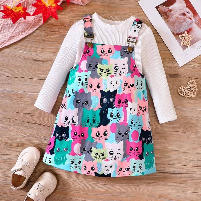 Mädchen Herbst Neue Einfarbig Pit Stripe Langarm Top + Nette Kontrast Cartoon Print Träger Kleid Set 120 von Joom DACH