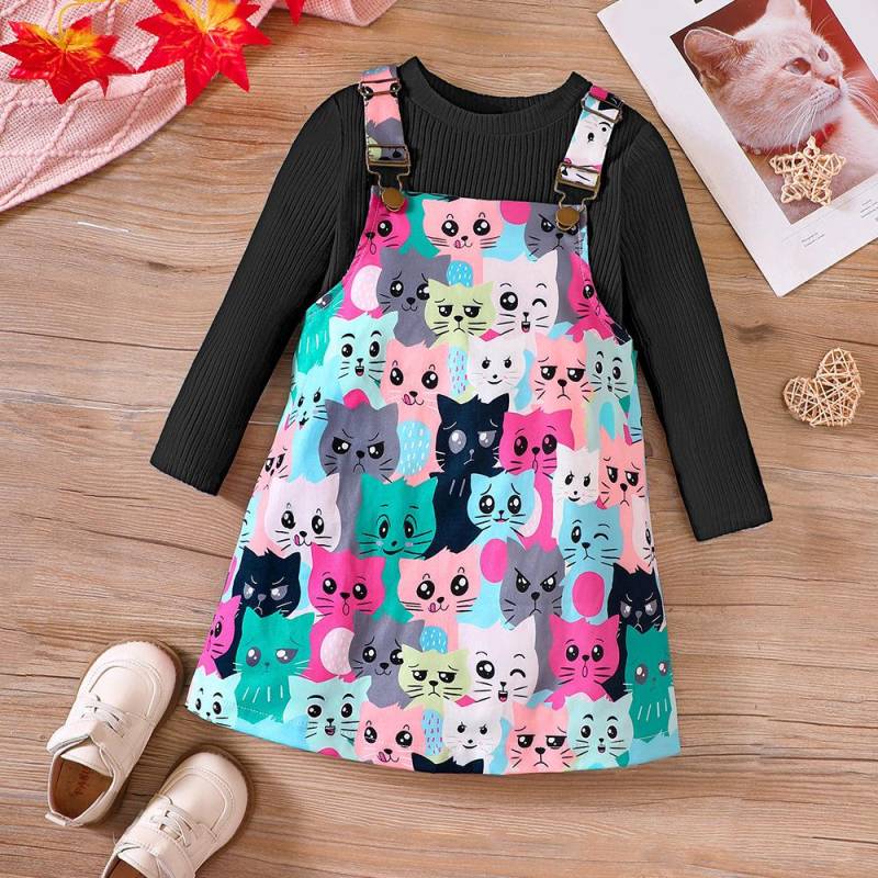 Mädchen Herbst Neue Einfarbig Pit Stripe Langarm Top + Nette Kontrast Cartoon Print Träger Kleid Set 120 von Joom DACH