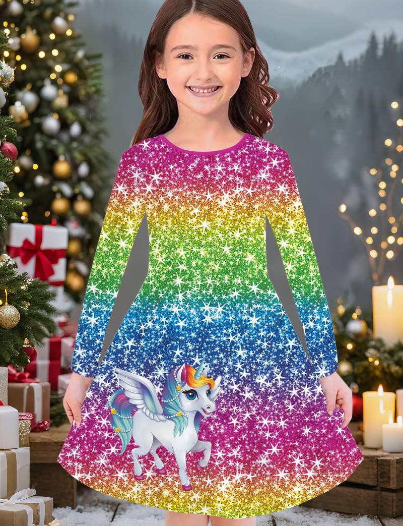 Mädchen Herbst- und Wintermode Kleid, 3D Einhorn-Druck Rundhalsausschnitt Lang Kinder-T-Shirt Kleid, Lässig Vielseitig, Weihnachtskleidung 170 violett von Joom DACH