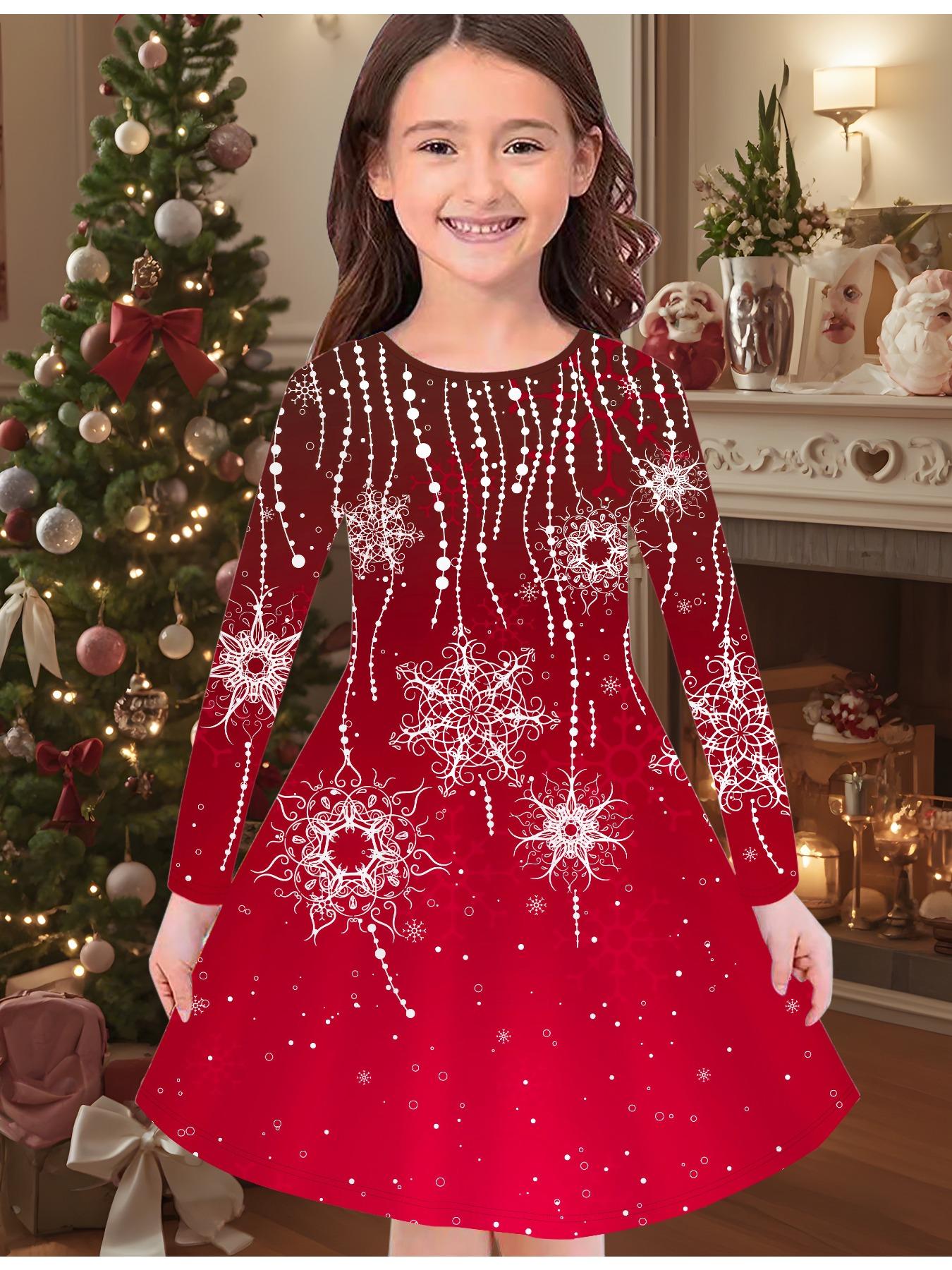 Mädchen Herbst- und Wintermodekleid, 3D Weihnachtsprint Rundhalsausschnitt Lang Kinder-T-Shirt-Kleid, Lässig Vielseitig, Weihnachtskleidung 130 rot von Joom DACH