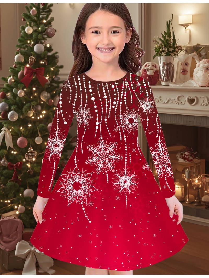 Mädchen Herbst- und Wintermodekleid, 3D Weihnachtsprint Rundhalsausschnitt Lang Kinder-T-Shirt-Kleid, Lässig Vielseitig, Weihnachtskleidung 130 rot von Joom DACH