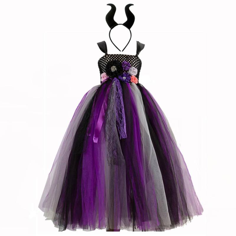 Mädchen Hexe Lila Kleid mit Kopfbedeckung Tüll Ballkleid Kinder Blume Tutu Kleider Kinder Halloween Cosplay Partei Kostüm 10-12Y von Joom DACH