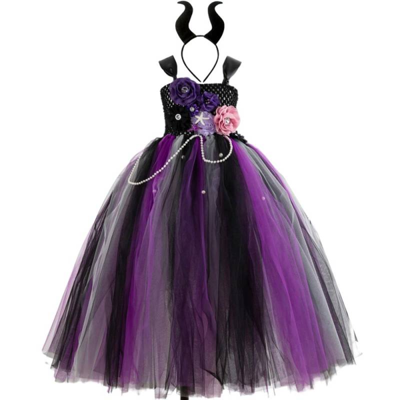 Mädchen Hexe Lila Kleid mit Kopfbedeckung Tüll Ballkleid Kinder Blume Tutu Kleider Kinder Halloween Cosplay Partei Kostüm 10-12Y von Joom DACH