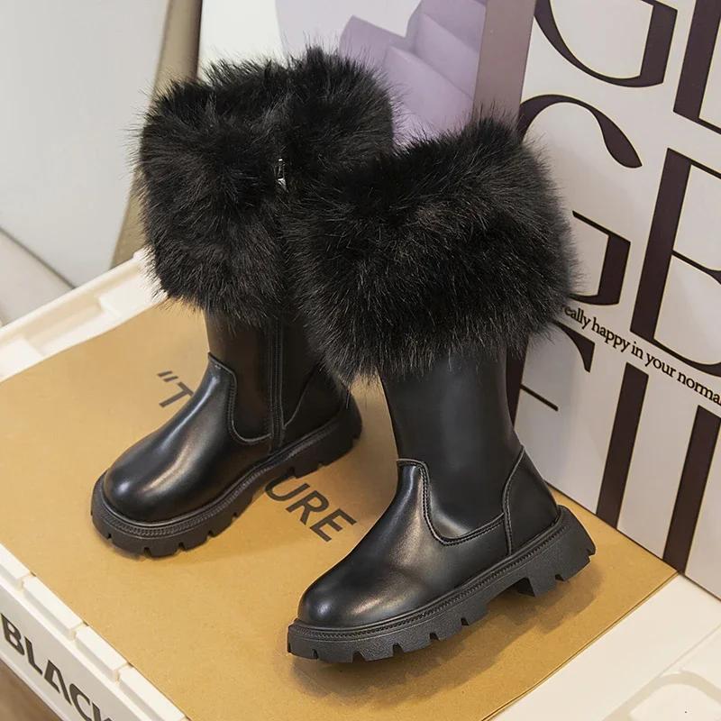 Mädchen Hohe SCHNEE Stiefel Beige Schwarz Winter Seitenreißverschluss Mode Kinder Lederstiefel Plüsch Warm Schick 33 schwarz von Joom DACH