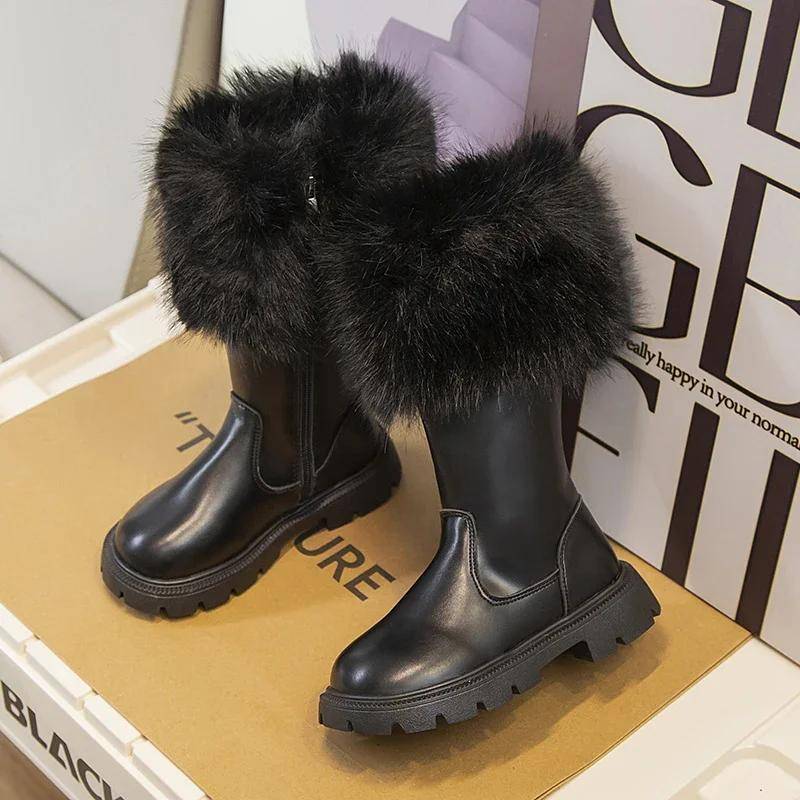 Mädchen Hohe SCHNEE Stiefel Beige Schwarz Winter Seitenreißverschluss Mode Kinder Lederstiefel Plüsch Warm Schick 33 schwarz von Joom DACH