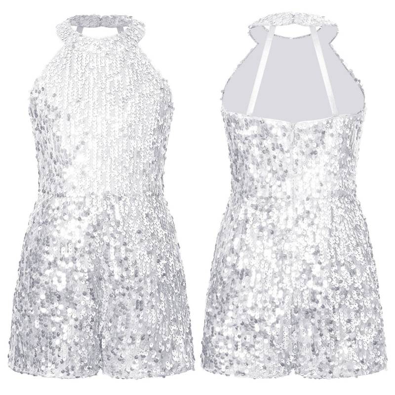 Mädchen Jazz Dance Kostüm Neckholder Glänzende Pailletten Trikot Ärmellose Kurz Overall Bühne Leistung Kleidung 13-14 Years silber von Joom DACH