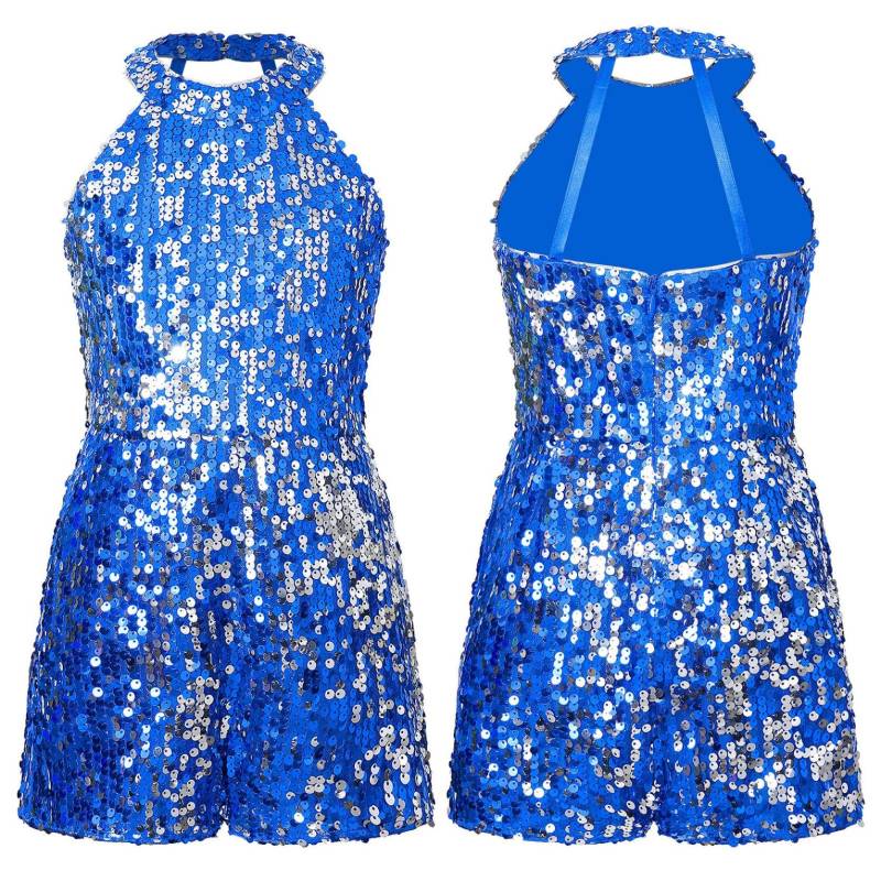 Mädchen Jazz Dance Kostüm Neckholder Glänzende Pailletten Trikot Ärmellose Kurz Overall Bühne Leistung Kleidung 9-10 Years königsblau von Joom DACH