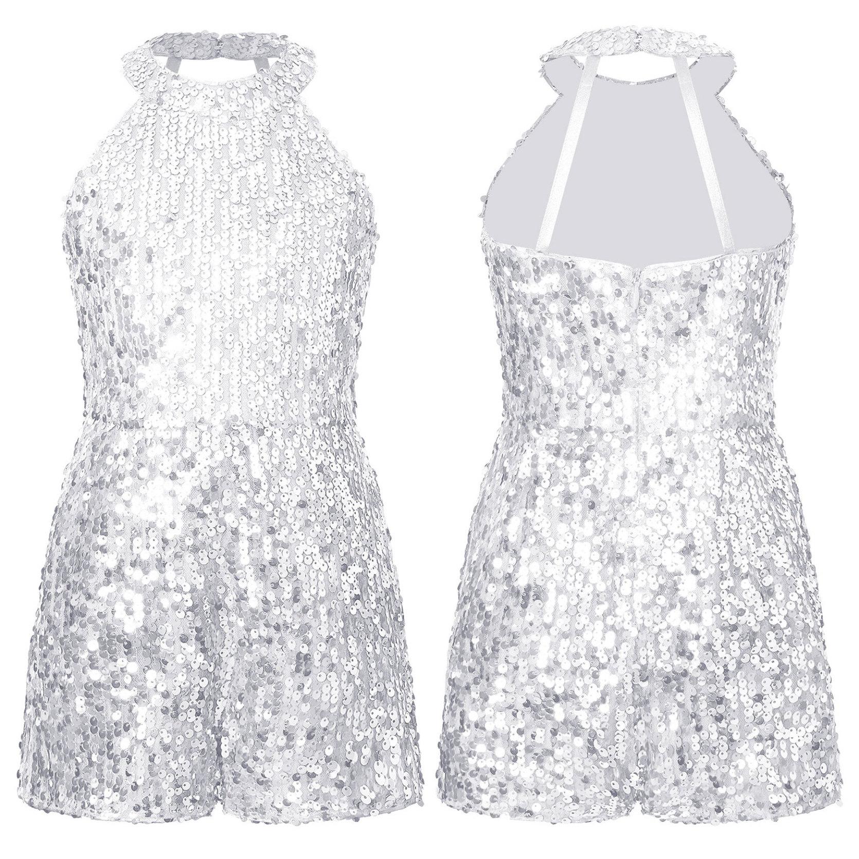 Mädchen Jazz Dance Kostüm Neckholder Glänzende Pailletten Trikot Ärmellose Kurz Overall Bühne Leistung Kleidung 9-10 Years silber von Joom DACH