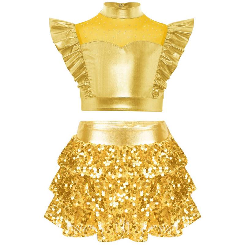 Mädchen Jazz Set Metallic Rüschen Crop Top Stehkragen Mesh Patchwork Plus Pailletten Stufenrüschen Culottes 15-16 Years gold von Joom DACH