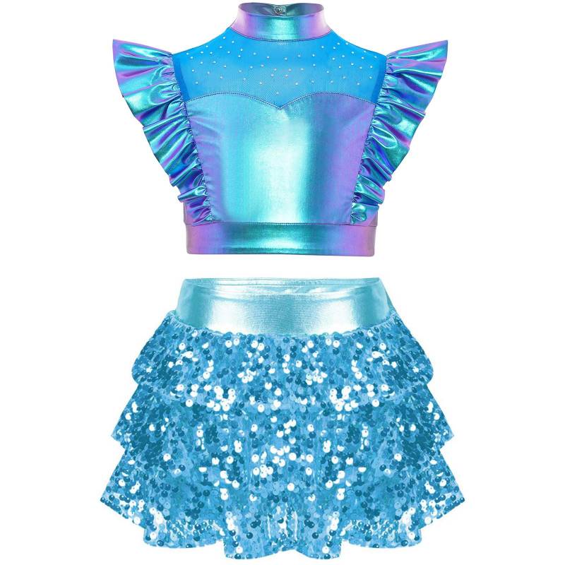 Mädchen Jazz Set Metallic Rüschen Crop Top Stehkragen Mesh Patchwork Plus Pailletten Stufenrüschen Culottes 7-8 Years blau von Joom DACH