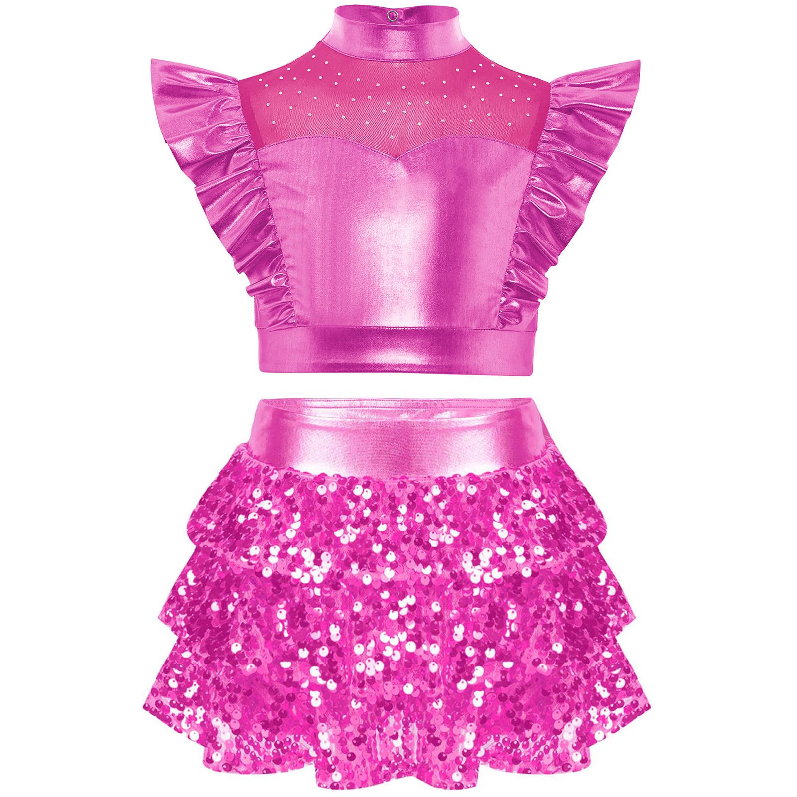 Mädchen Jazz Set Metallic Rüschen Crop Top Stehkragen Mesh Patchwork Plus Pailletten Stufenrüschen Culottes 9-10 Years heißes rosa von Joom DACH