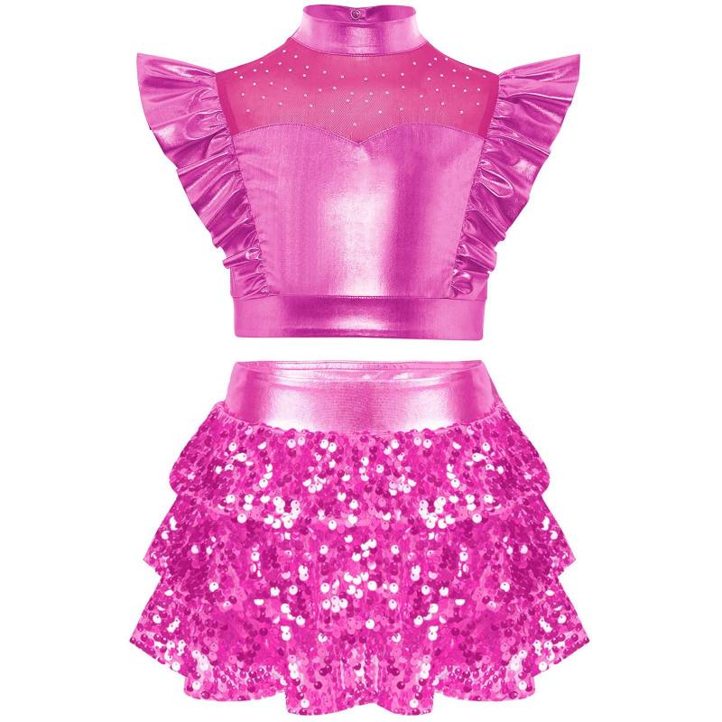 Mädchen Jazz Set Metallic Rüschen Crop Top Stehkragen Mesh Patchwork Plus Pailletten Stufenrüschen Culottes 9-10 Years heißes rosa von Joom DACH