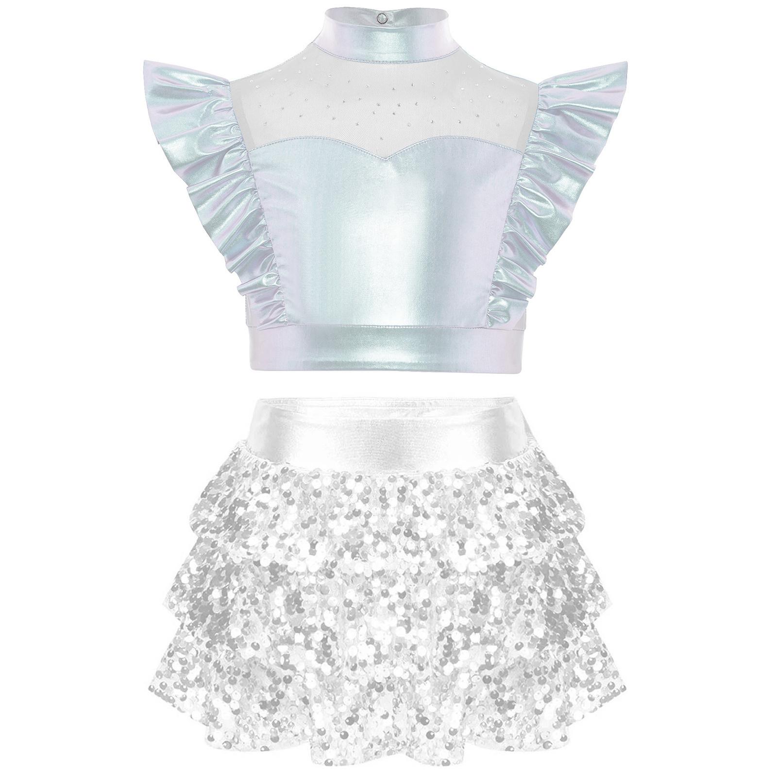 Mädchen Jazz Set Metallic Rüschen Crop Top Stehkragen Mesh Patchwork Plus Pailletten Stufenrüschen Culottes 9-10 Years silber von Joom DACH