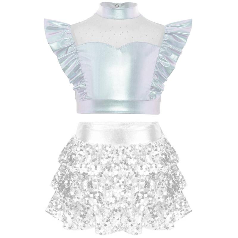 Mädchen Jazz Set Metallic Rüschen Crop Top Stehkragen Mesh Patchwork Plus Pailletten Stufenrüschen Culottes silber von Joom DACH