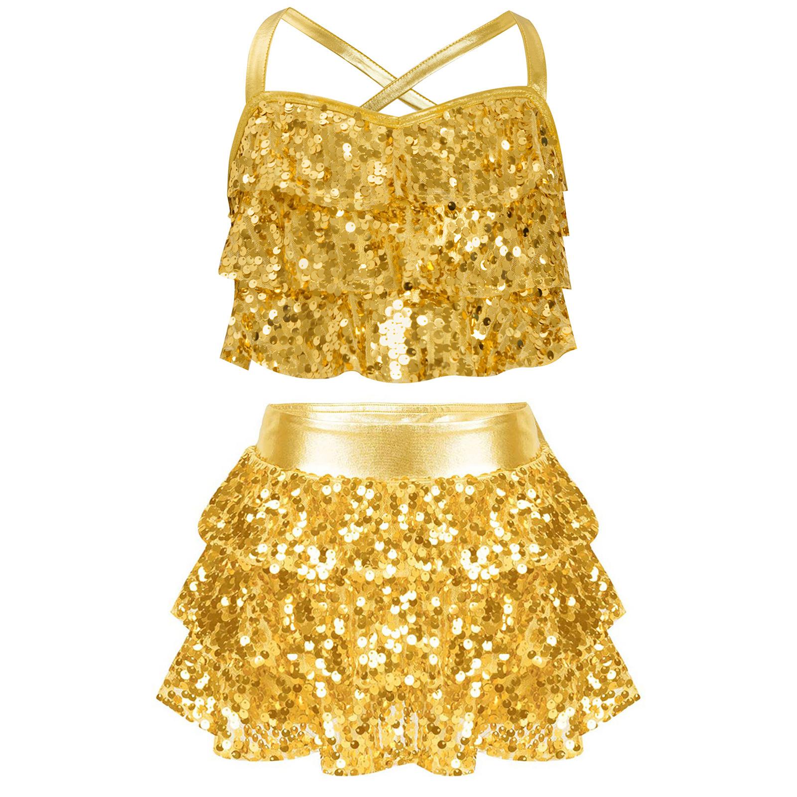 Mädchen Jazz Tanzkostüm Glitzernde Pailletten Gestufte Rüschen Überkreuzter Rücken Metallic Crop Top mit Culottes Performance Set 11-12 Years gold von Joom DACH