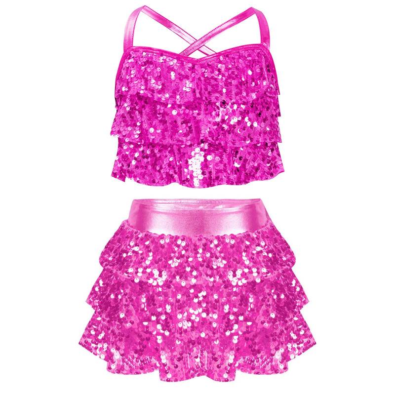 Mädchen Jazz Tanzkostüm Glitzernde Pailletten Gestufte Rüschen Überkreuzter Rücken Metallic Crop Top mit Culottes Performance Set 7-8 Years heißes rosa von Joom DACH