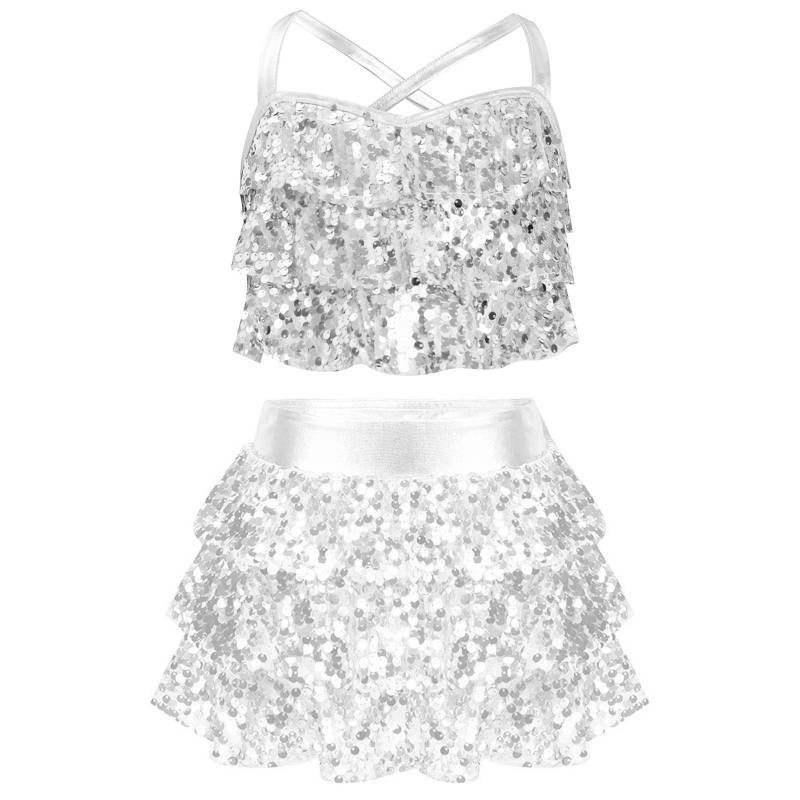 Mädchen Jazz Tanzkostüm Glitzernde Pailletten Gestufte Rüschen Überkreuzter Rücken Metallic Crop Top mit Culottes Performance Set 7-8 Years silber von Joom DACH