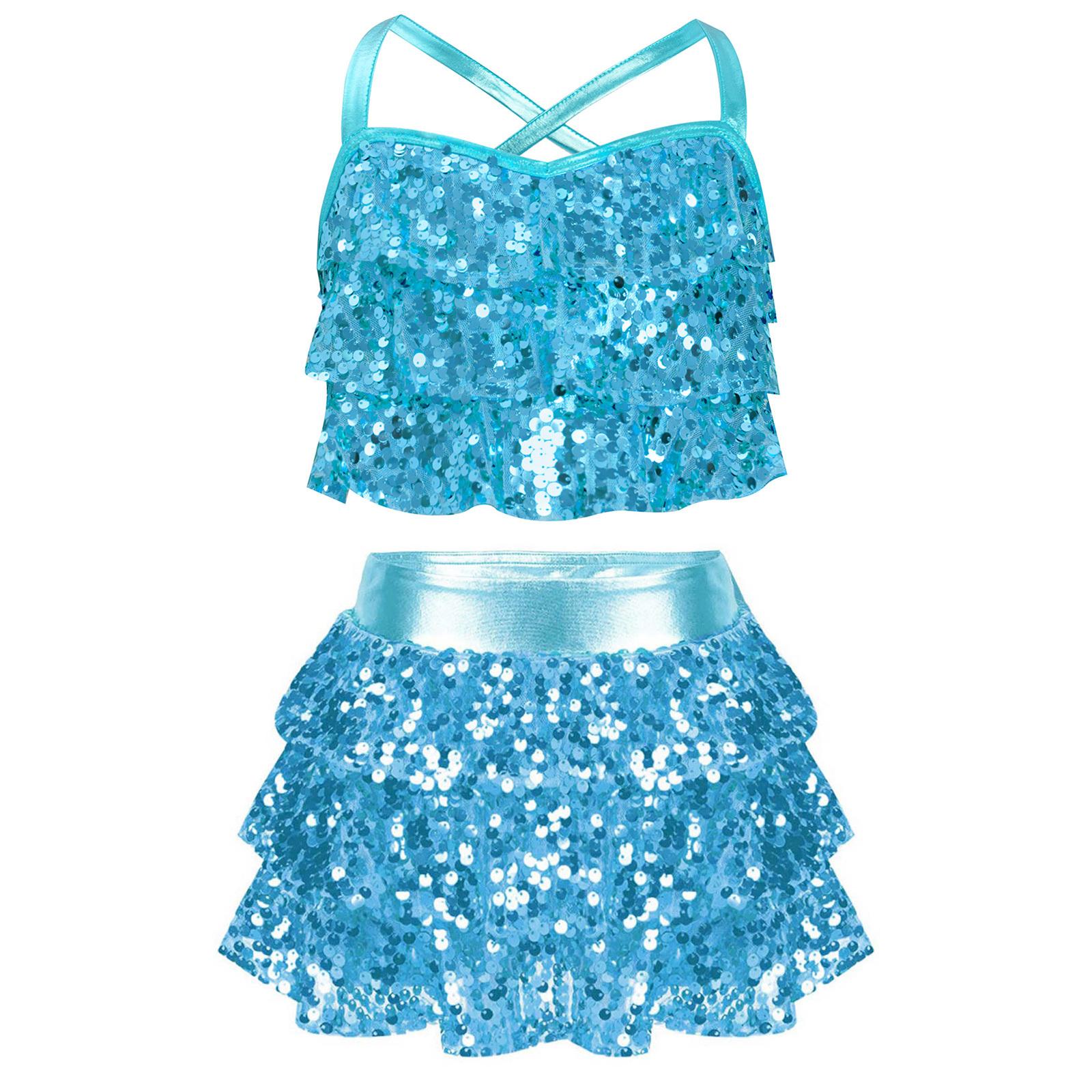 Mädchen Jazz Tanzkostüm Glitzernde Pailletten Gestufte Rüschen Überkreuzter Rücken Metallic Crop Top mit Culottes Performance Set 9-10 Years von Joom DACH
