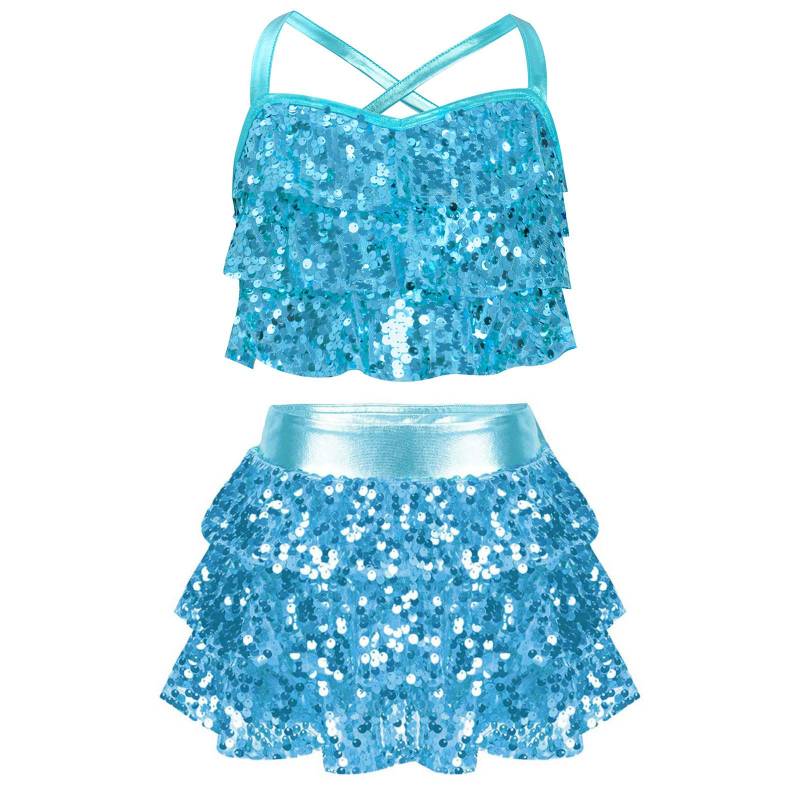 Mädchen Jazz Tanzkostüm Glitzernde Pailletten Gestufte Rüschen Überkreuzter Rücken Metallic Crop Top mit Culottes Performance Set 9-10 Years von Joom DACH