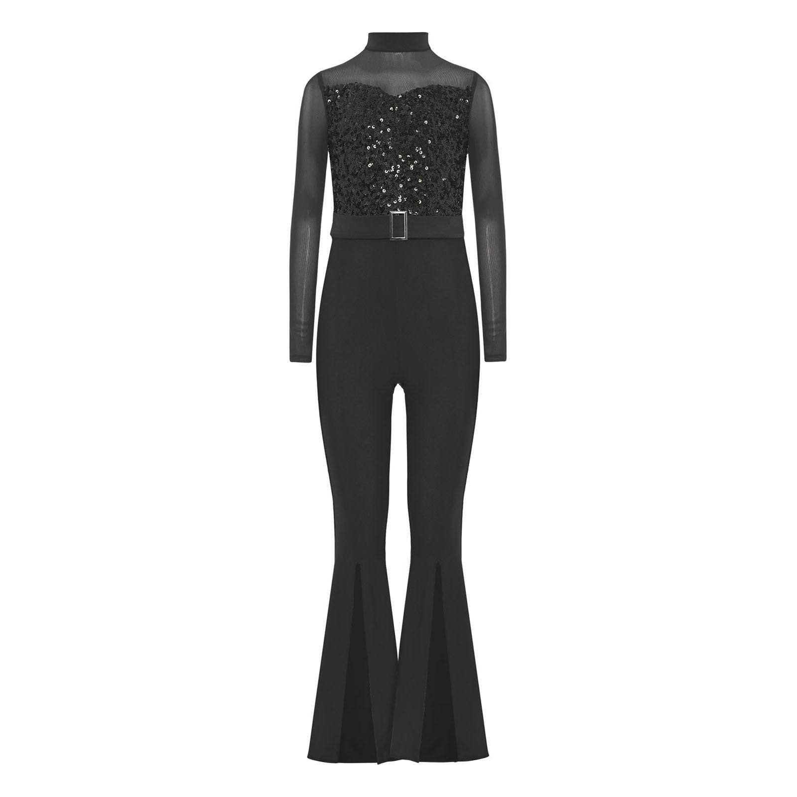 Mädchen Jazz Tanzkostüm Stehkragen Langarm Ausschnitt Rücken Transparentes Netz Pailletten Schlaghose Jumpsuit 11-12 Years schwarz von Joom DACH