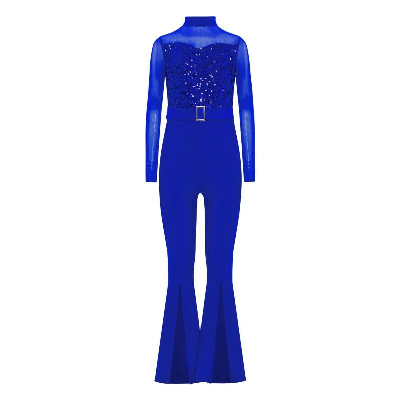 Mädchen Jazz Tanzkostüm Stehkragen Langarm Ausschnitt Rücken Transparentes Netz Pailletten Schlaghose Jumpsuit 13-14 Years blau von Joom DACH