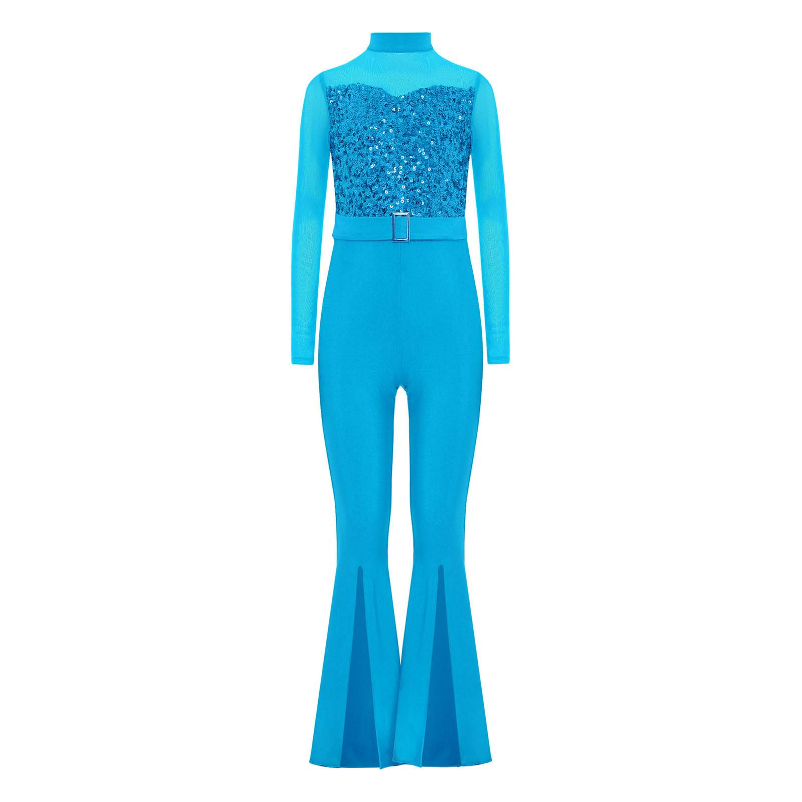 Mädchen Jazz Tanzkostüm Stehkragen Langarm Ausschnitt Rücken Transparentes Netz Pailletten Schlaghose Jumpsuit 7-8 Years hellblaue von Joom DACH
