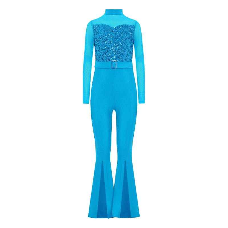 Mädchen Jazz Tanzkostüm Stehkragen Langarm Ausschnitt Rücken Transparentes Netz Pailletten Schlaghose Jumpsuit 7-8 Years hellblaue von Joom DACH