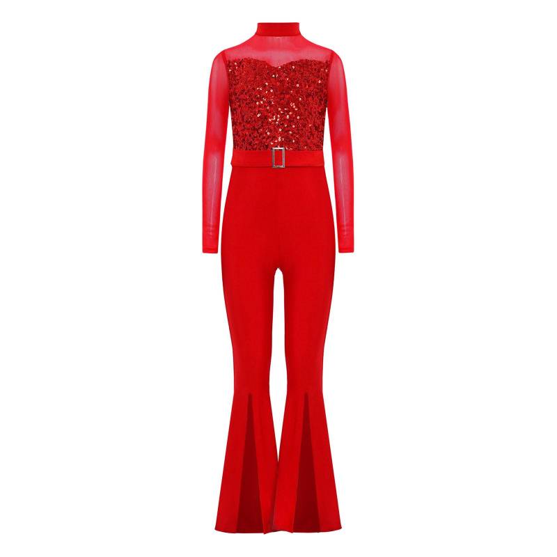 Mädchen Jazz Tanzkostüm Stehkragen Langarm Ausschnitt Rücken Transparentes Netz Pailletten Schlaghose Jumpsuit 7-8 Years rot von Joom DACH