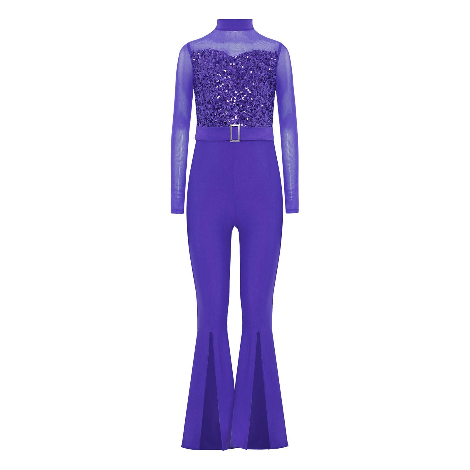 Mädchen Jazz Tanzkostüm Stehkragen Langarm Ausschnitt Rücken Transparentes Netz Pailletten Schlaghose Jumpsuit 9-10 Years violett von Joom DACH