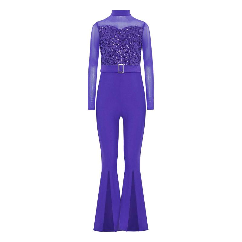 Mädchen Jazz Tanzkostüm Stehkragen Langarm Ausschnitt Rücken Transparentes Netz Pailletten Schlaghose Jumpsuit 9-10 Years violett von Joom DACH