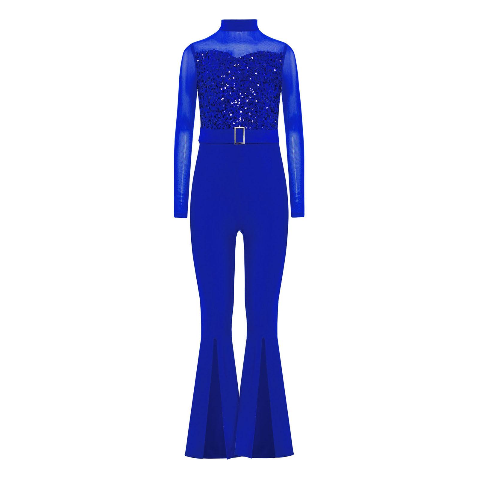Mädchen Jazz Tanzkostüm Stehkragen Langarm Ausschnitt Rücken Unsichtbarer Reißverschluss Durchsichtiges Netz Pailletten Oberteil Schlaghose Jumpsuit 7-8 Years von Joom DACH