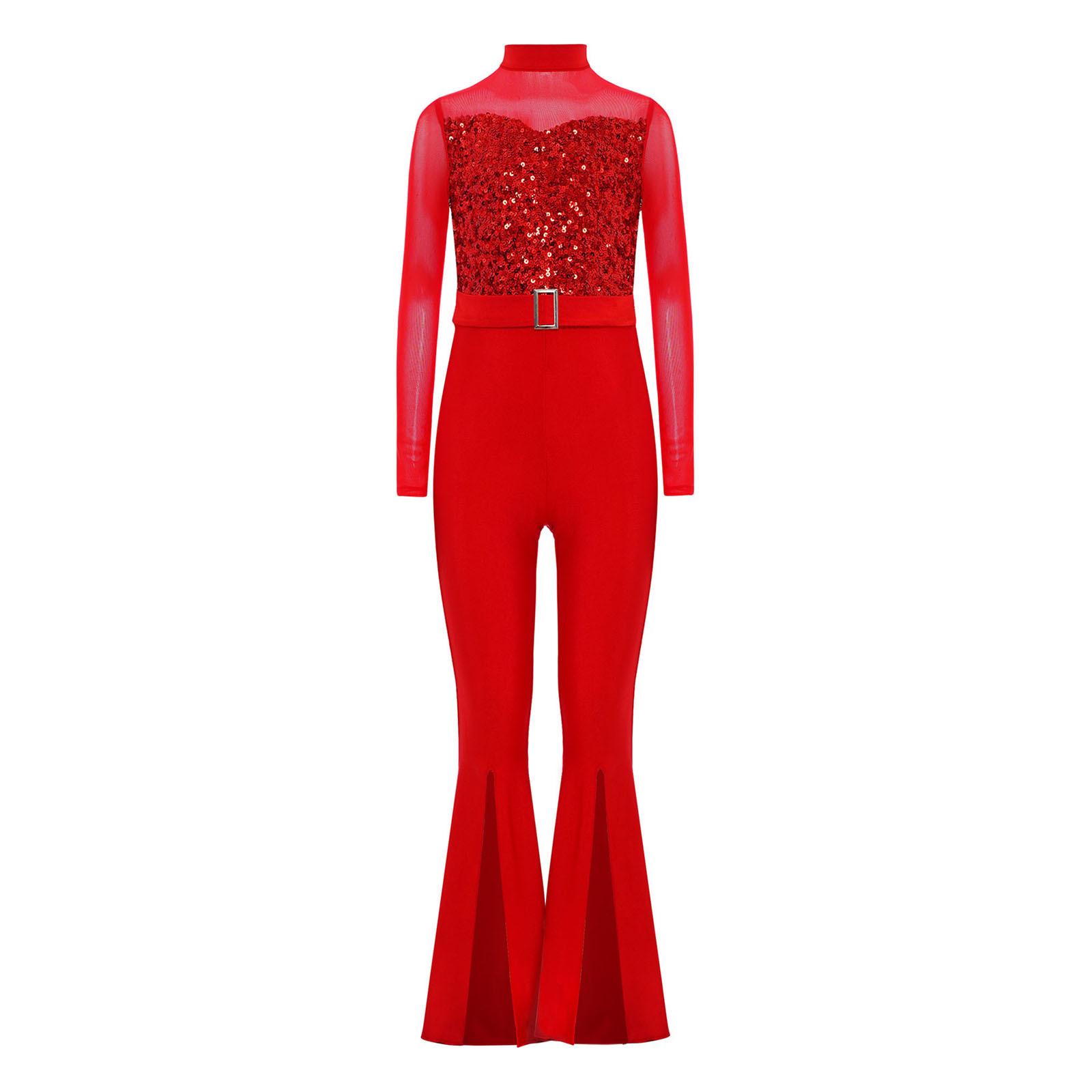 Mädchen Jazz Tanzkostüm Stehkragen Langarm Ausschnitt Rücken Unsichtbarer Reißverschluss Durchsichtiges Netz Pailletten Oberteil Schlaghose Jumpsuit 7-8 Years rot von Joom DACH