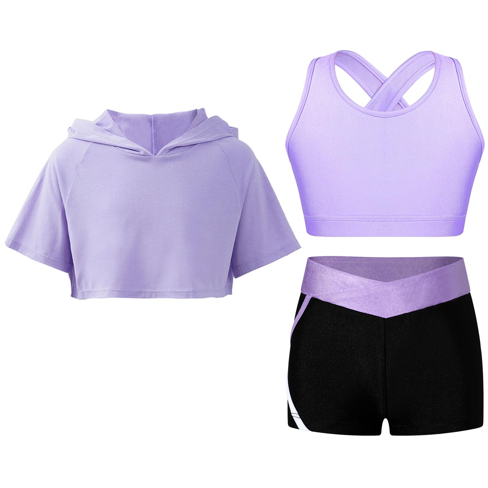 Mädchen Kinder 3-teiliges Tanzoutfit Gymnastik Kapuzen-Crop-Top Ärmelloses Camisole und Shorts Set Trainingsanzug 7-8 Years lavendel von Joom DACH