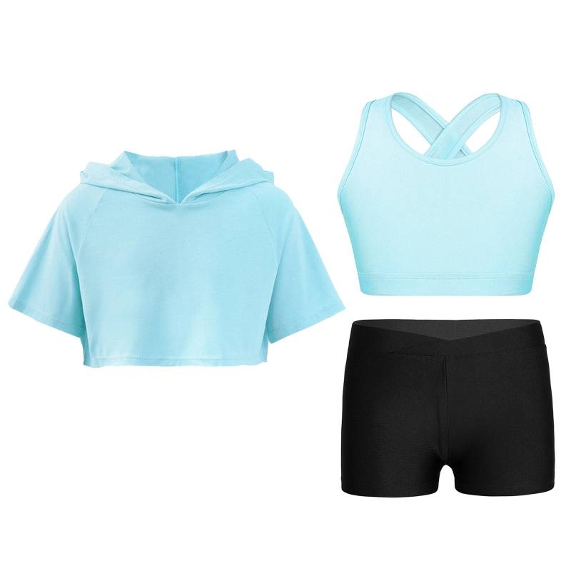 Mädchen Kinder 3-teiliges Tanzoutfit Gymnastik Kapuzen-Crop-Top Ärmelloses Camisole und Shorts Set Trainingsanzug hellblaue von Joom DACH