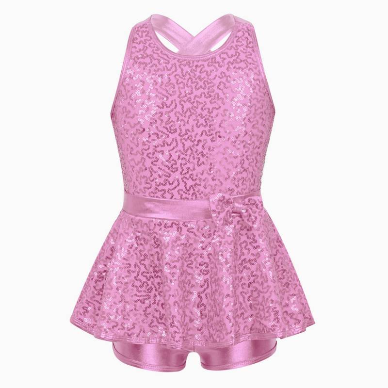 Mädchen Kinder Pailletten Ballett Jazz Modern Steppkleid Tanzkleidung Performance Kostüm Criss Cross Back Trikot Shorts 12-14 Years rosa von Joom DACH