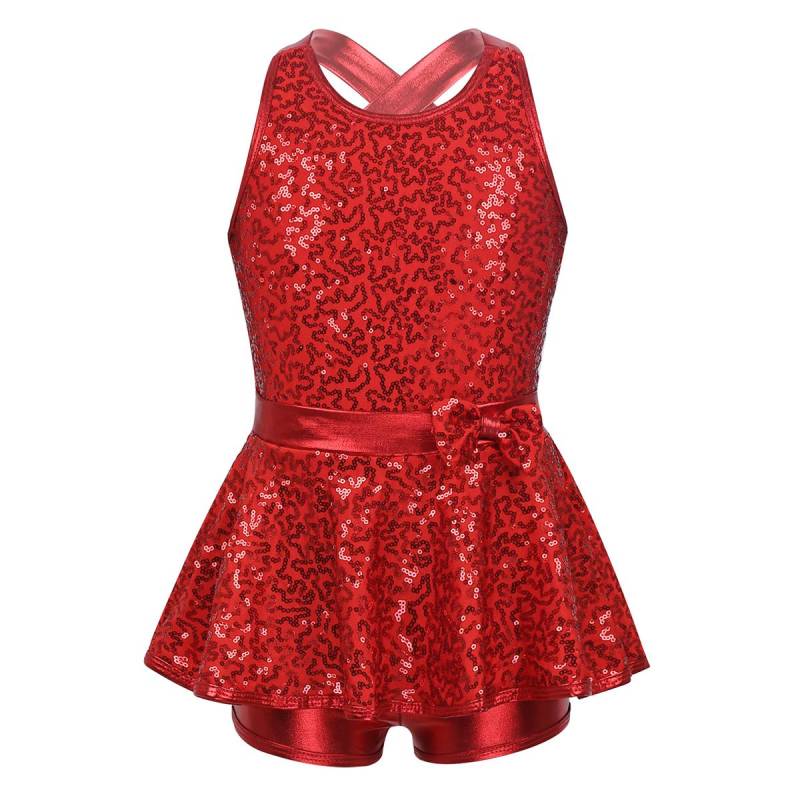 Mädchen Kinder Pailletten Ballett Jazz Modern Steppkleid Tanzkleidung Performance Kostüm Criss Cross Back Trikot Shorts 14-16 Years rot von Joom DACH