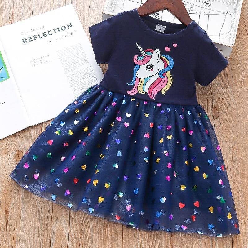 Mädchen Kleid Baumwolle Cartoon Einhorn Spleißen Mesh Party Prinzessin Kleider Mädchen Geburtstag Kleidung 110 dunkelblau von Joom DACH