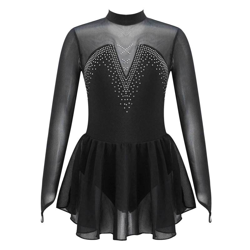 Mädchen Langarm Eiskunstlaufkleid Rundkragen Hohlkreuz Strass Mesh Trikot Ballettkostüm 13-14 Years schwarz von Joom DACH