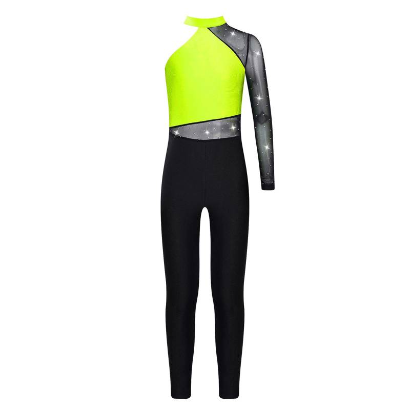 Mädchen Langarm Gymnastik Outfit Schimmerndes Mesh und Strass-Akzente für Tanz 11-12 Years fluoreszierende gelbe von Joom DACH