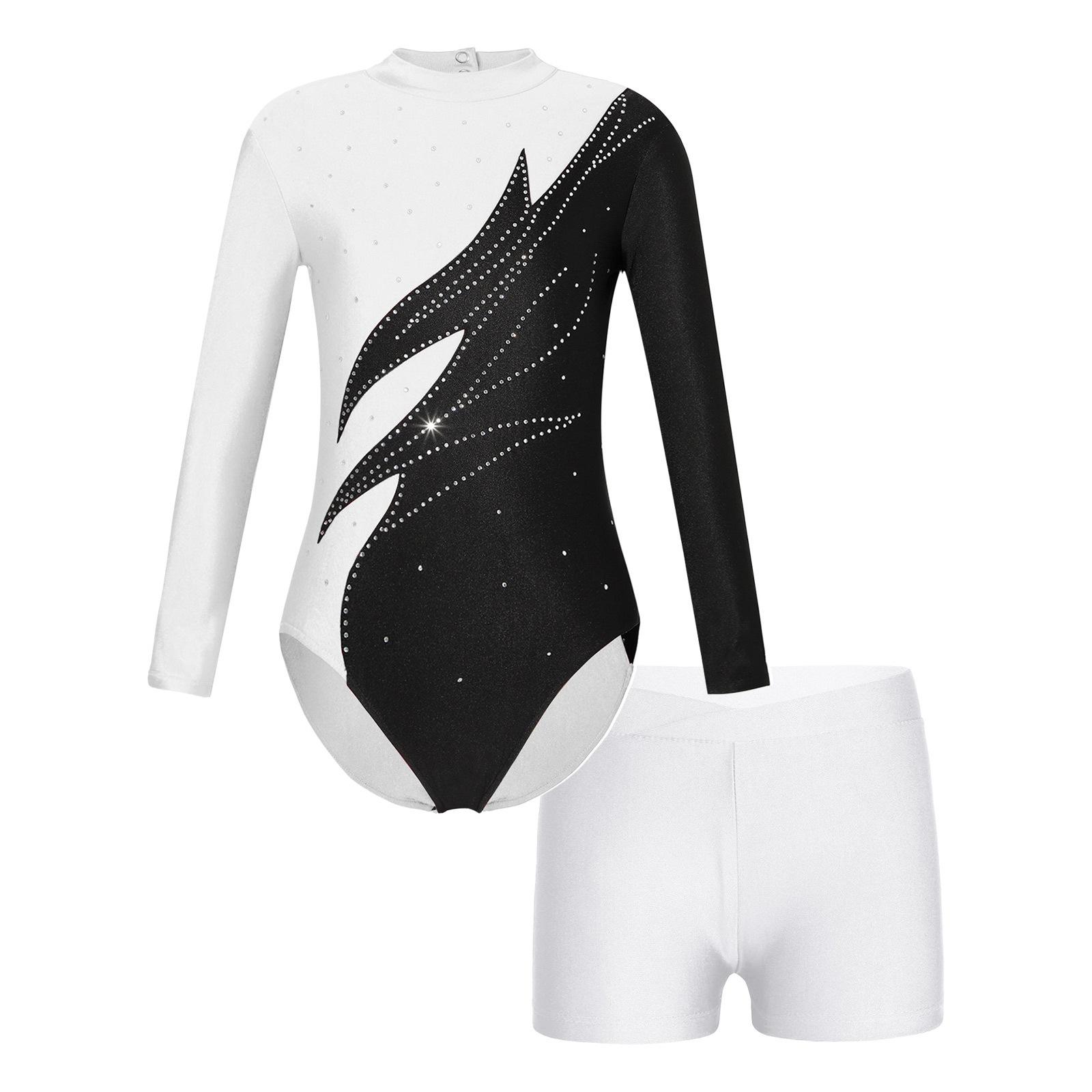 Mädchen Langarm Tanzbody Stehkragen Strass Schlüssellochrücken V-Ausschnitt Taillenband Shorts Performance-Outfit 9-10 Years weiß von Joom DACH