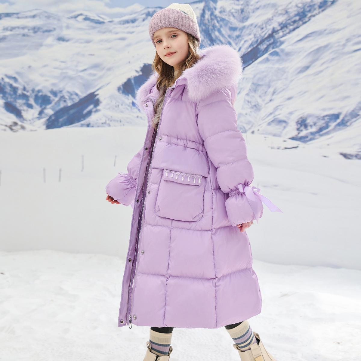 Mädchen Langer Daunenwattierter Mantel Winter Kinderjacke mit langem Fellkragen 130cm violett von Joom DACH